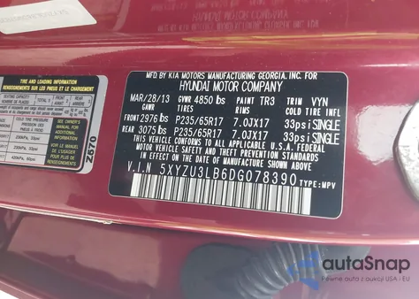 2013 Hyundai Santa Fe Sport from USA, damaged, VIN 5XYZU3LB6DG078390